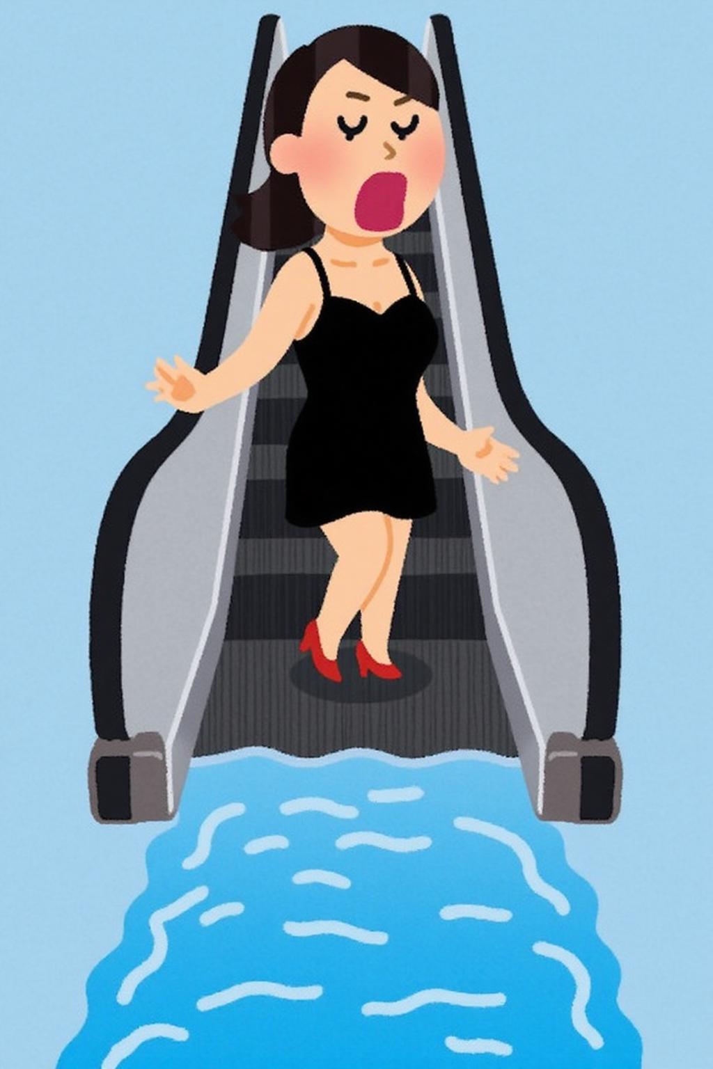 irasutoya1 illustration.
A woman in a chic little black dress and red high heels, gracefully descending an escalator. She wears black lipstick and is screaming. The escalator leads downwards into a pool of rippling blue water. <lora:irasutoya1_cap_d8a4e8:1.0><lora:846876397875027056:0>