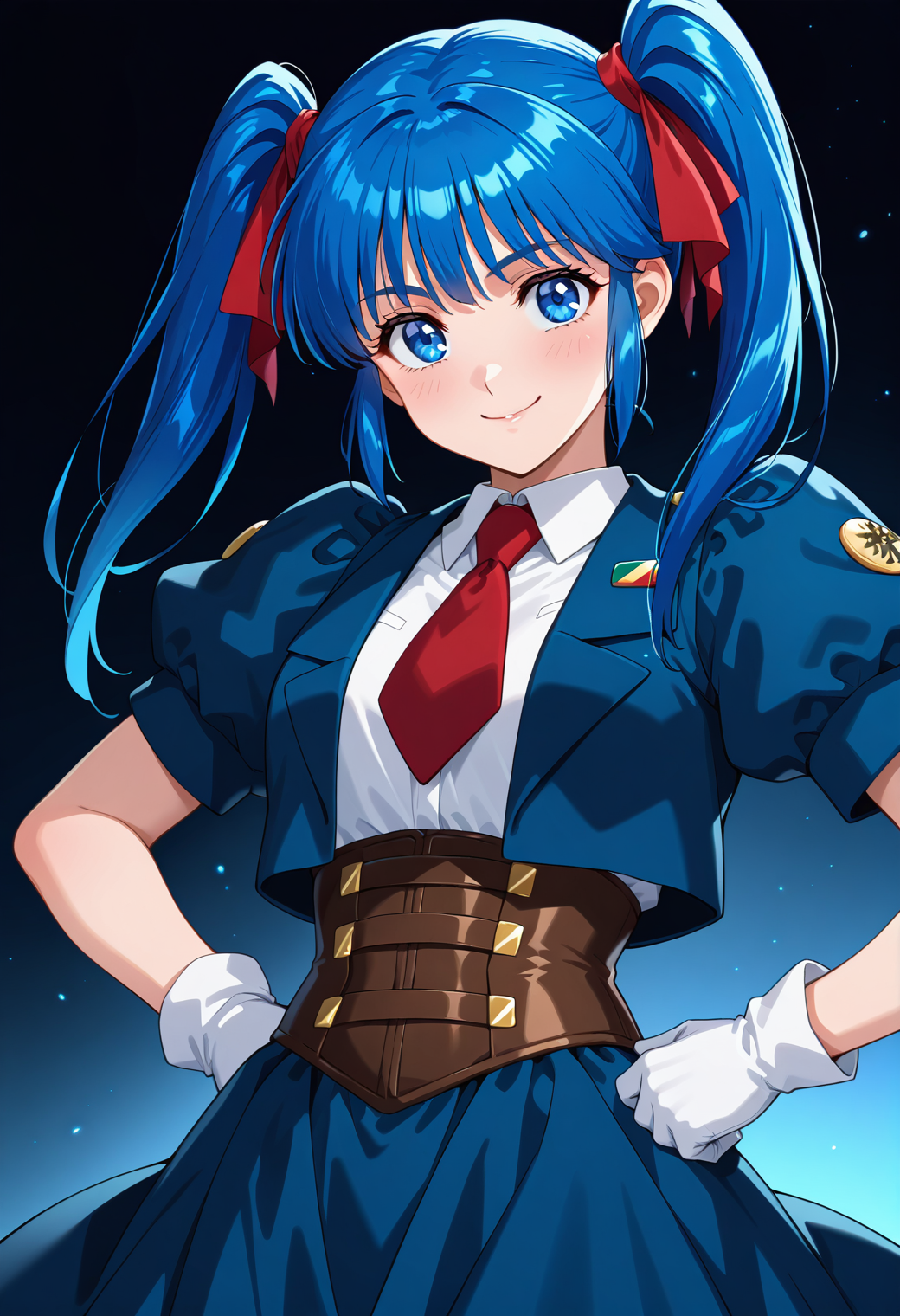 masterpiece, best quality, very aesthetic, absurdres, 1girl, solo,
<lora:mio_sasuga_v01:0.9>, mio_sasuga, blue hair, long hair, twintails, blue eyes,
hair ribbon, uniform, short sleeves, juliet sleeves, red necktie, corset, white gloves, skirt, smile, hands on own hip