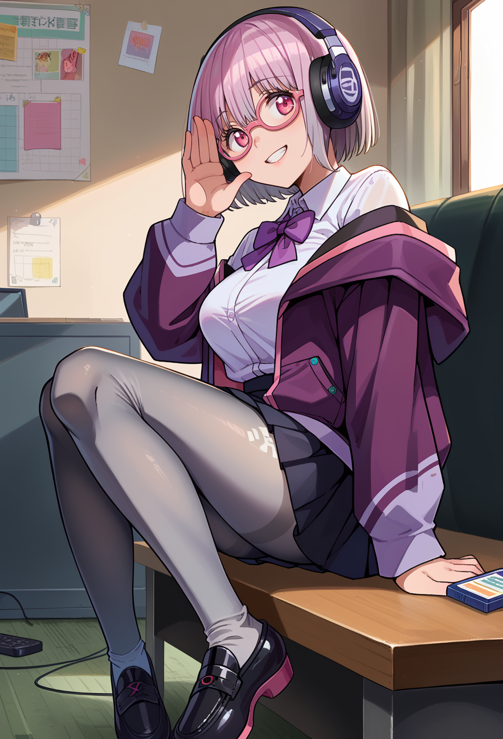 score_9, score_7_up, BREAK <lora:AEAkane (2):0.9> AEAkaneDef, pink eyes, short hair, dress shirt, purple jacket, off shoulder, open jacket, black skirt, pleated skirt, purple bowtie, gradient pantyhose, grey pantyhose, black pantyhose, shoes, black footwear,|| pink-framed eyewear, semi-rimless eyewear, headphones, smile, from side, holding cd, indoors, hand on headphones,