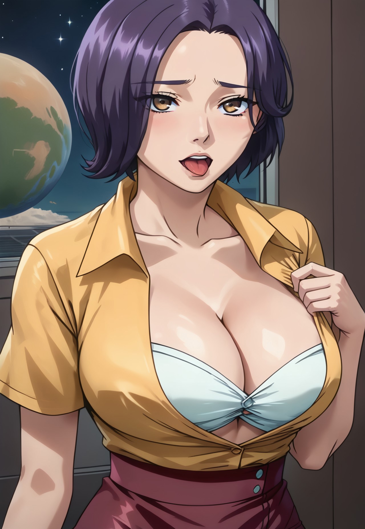 embedding:urn:air:sd1:embedding:civitai:222256@250708, SCORE_9, SCORE_8_UP, SOURCE_ANIME, REALISTIC, BREAK, 1FEMALE, HANAE ITAZURA, SOLO, PORTRAIT, SHORT HAIR, VIOLET HAIR, HAZEL EYES, HIGH-LOW SKIRT, RED SKIRT, OPEN YELLOW SHIRT, SHORTSLEEVE SHIRT, CLASP BRA, BURSTING BREASTS, CLEAVAGE, AHEGAO, ONE BREAST OUT, BREAK, ON SPACETRAIN, OUTER SPACE, STARS, DISTANT GALAXIES, SCI FI ROOM, NIGHT, HIGH RESOLUTION, VIVID TEXTURES
