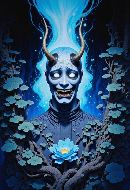 Studio Ghibli Dark Fairytale depicting a cursed hannya mask with horns and fangs blooming out of a blue lotus in a liminal bonsai garden with eerie radiating cyan and magenta miasma