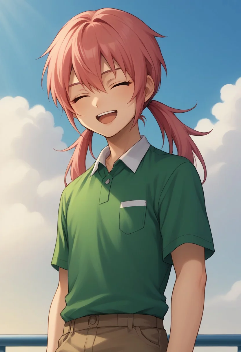 score_9, score_8_up, score_7_up, source_anime, highly detailed,
kirino, 1boy, male focus, solo, 1boy, male focus, solo, pink hair, twintails, long hair, closed eyes, shirt, polo shirt, green shirt, brown pants, upper body, smile, open mouth
outdoor, sky, cloud
