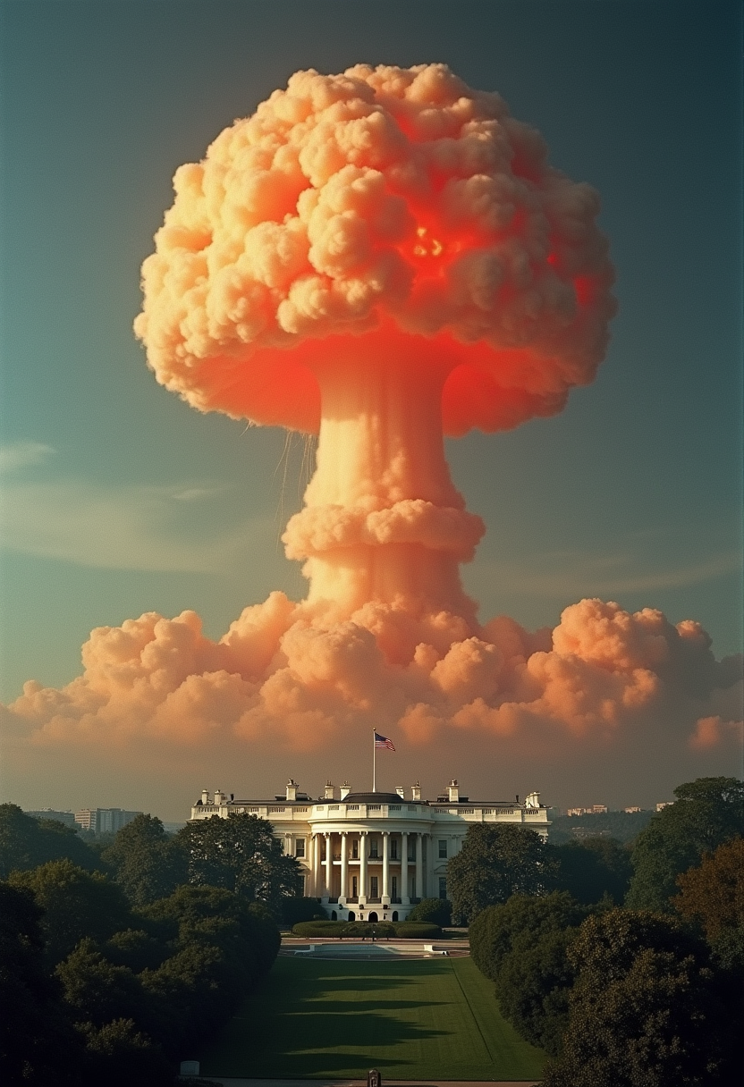 A masterpiece photo taken from the bomber's bomb bay, in the foreground is an atomic bomb with a soviet symbol, which has just begun to fall, far below the us white house