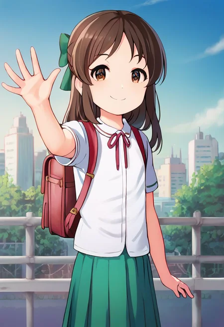 ((ultra-detailed)), ((best quality)), ((best quality)), ((beautiful eyes)), ((extremely detailed)), 4K, (8K), best quality, (beautiful), source_anime, 1girl, solo, young, small body, round face, cute face, smiling, beautiful eyes, detailed eyes,female, shoulder-lenght hair, tcbnarisu_BB,tachibana arisu, brown hair, brown eyes, long hair, bangs, school uniform,  backpack,white shirt, green skirt,hair bow, waving at viewer, flat chest, slender, city background, outdoors, colorful, best quality, masterpiece, nai3, god light, detailed background, high quality background, ataruman_style, close up,good_hands, child hands, short fingers,
