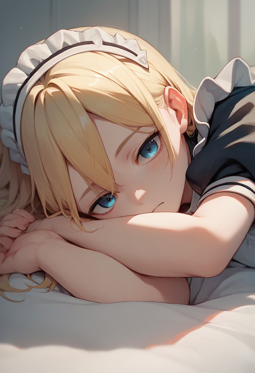 score_9, score_8_up, score_7_up, score_6_up, source_anime, 1girl, 
pov, on side, lying, upper body, 
maid, blonde hair, head rest, 
<lora:pov_across_bed_v0.1-pony:1>