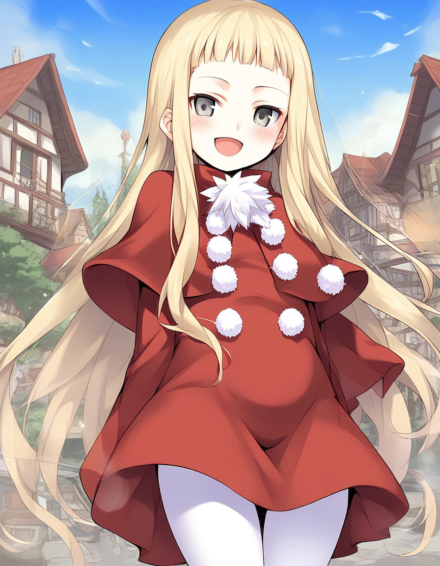 score_9, score_8_up, score_7_up, source_anime, rating_explicit, BREAK  <lora:Belfraw_Martini_Ver2.0_XL:1> Belfraw_Martini, 1girl, solo, very long hair, blonde hair, grey eyes,  bangs, short stack,
1girl, solo, blush, open mouth,  pom pom (clothes), capelet, sky, :d,  long sleeves, white pantyhose, red skirt,
outdoor, town, tree,
smile,
looking at viewer, 
cowboy_Shot,