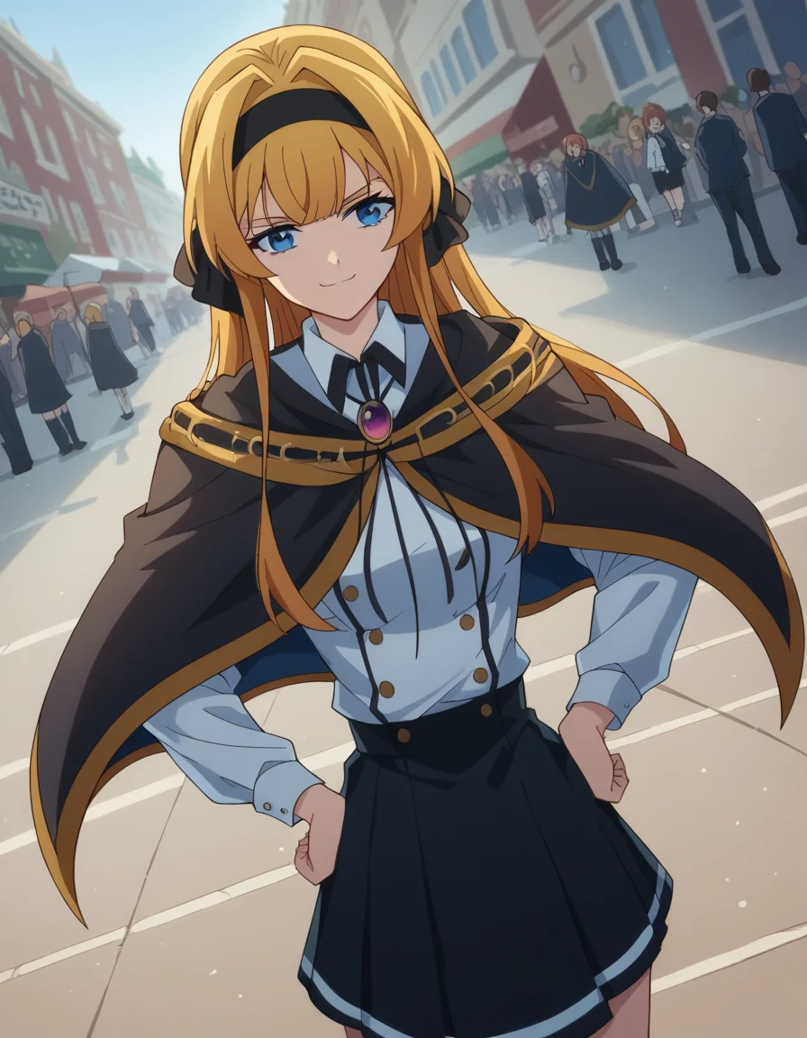 score_9, score_8_up, score_7_up, source_anime, <lora:lihanna-owenzaus-s1-ponyxl-lora-nochekaiser:1>, lihanna owenzaus, long hair, bangs, blue eyes, blonde hair, hairband, black ribbon, hair intakes, black hairband, medium breasts,, skirt, black skirt, school uniform, cape, gemstone, brooch, long sleeves, shirt, white shirt, collared shirt, street market, vendor, street food, bustling crowd, local flavor, vibrant, smile, , smug, hands on hips,, solo,, cowboy shot, dutch angle