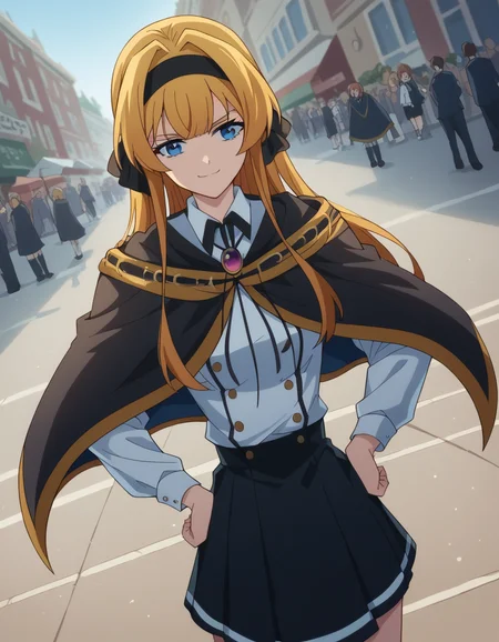score_9, score_8_up, score_7_up, source_anime, <lora:lihanna-owenzaus-s1-ponyxl-lora-nochekaiser:1>, lihanna owenzaus, long hair, bangs, blue eyes, blonde hair, hairband, black ribbon, hair intakes, black hairband, medium breasts,, skirt, black skirt, school uniform, cape, gemstone, brooch, long sleeves, shirt, white shirt, collared shirt, street market, vendor, street food, bustling crowd, local flavor, vibrant, smile, , smug, hands on hips,, solo,, cowboy shot, dutch angle