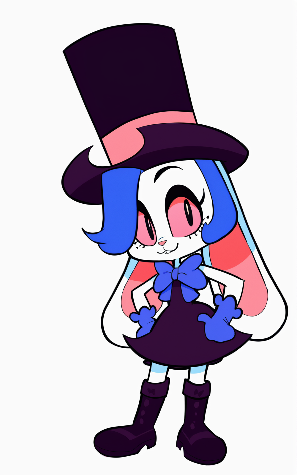 score_9, score_8_up, score_7_up,((best quality)), absurdres, ((full body)), <lora:BolivanteStyle:0.8>,  <lora:DaneldaPXL:0.8>,DaneldaPXL,blue gloves, short hair, blue hair, black eyes, rabbit ears, purple dress,pink sclera,gloves, hat, dress, bow, animal ears,boots, furry, top hat, rabbit girl, furry female, white background,standing,looking at viewer