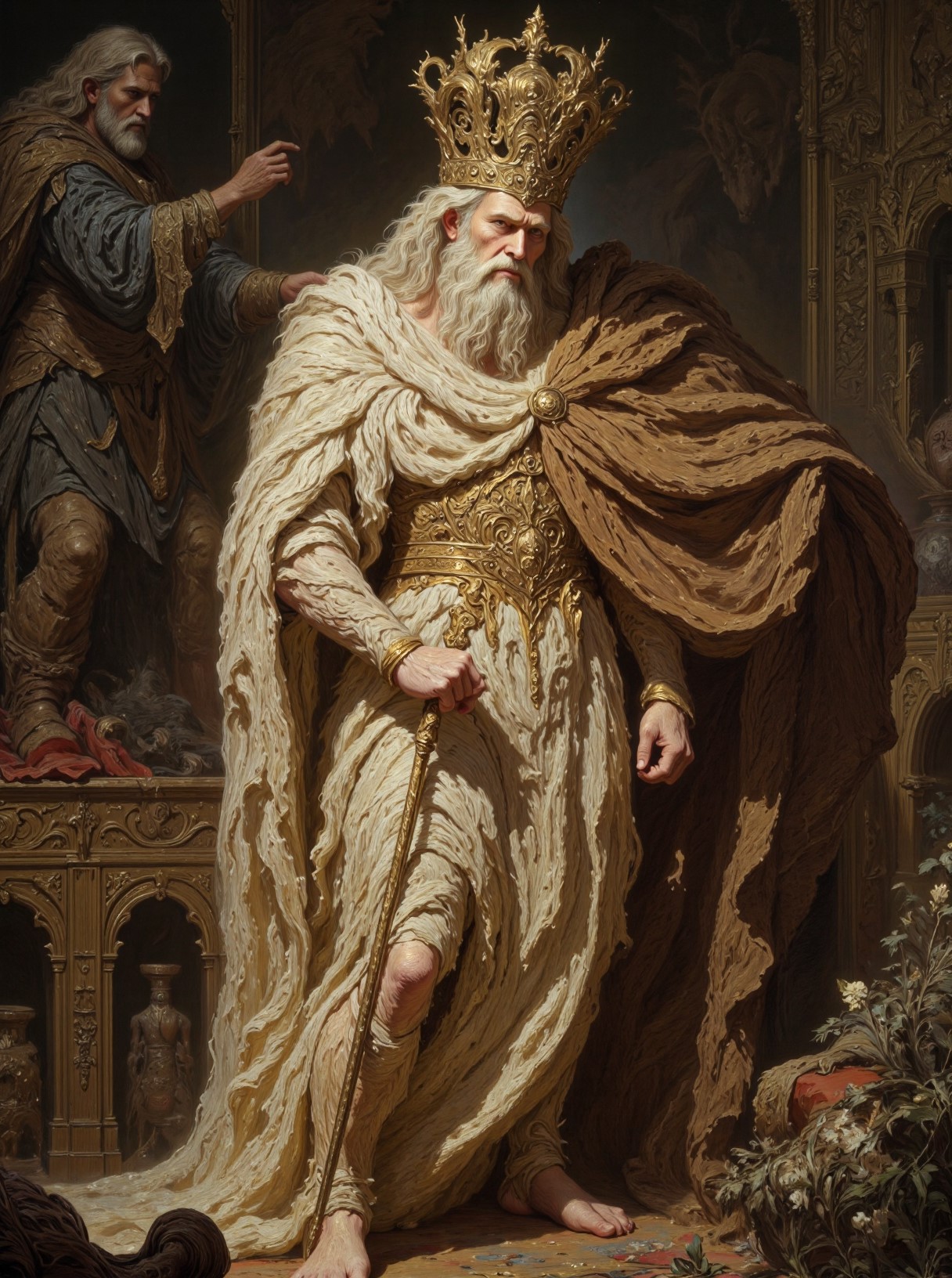 The image is a painting of a man with a long white beard and a golden crown on his head. He is standing in a room with ornate furniture and decorations in the background. The man is wearing a long robe and is holding a staff in his right hand. He has a serious expression on his face and appears to be deep in thought.

On the left side of the image, there is another man with long hair and a beard, who is standing behind him. He appears to have a beard and is looking off into the distance. The background is filled with various objects, including a statue of a lion, a book, and a vase with flowers. The overall mood of the painting is somber and contemplative.