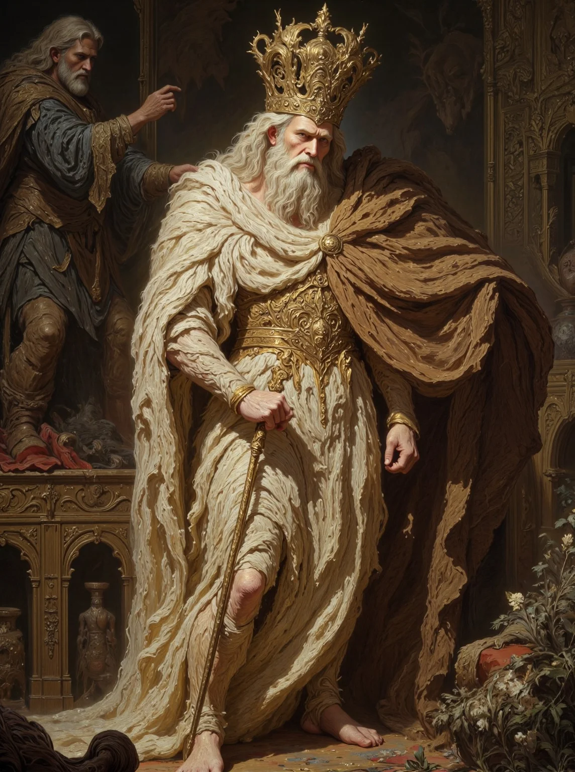 The image is a painting of a man with a long white beard and a golden crown on his head. He is standing in a room with ornate furniture and decorations in the background. The man is wearing a long robe and is holding a staff in his right hand. He has a serious expression on his face and appears to be deep in thought.
On the left side of the image, there is another man with long hair and a beard, who is standing behind him. He appears to have a beard and is looking off into the distance. The background is filled with various objects, including a statue of a lion, a book, and a vase with flowers. The overall mood of the painting is somber and contemplative.