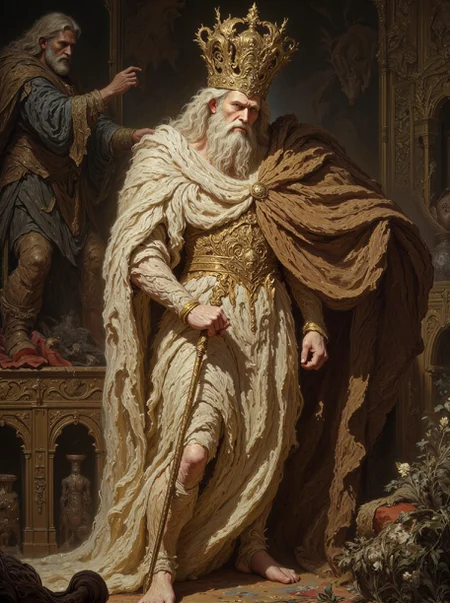The image is a painting of a man with a long white beard and a golden crown on his head. He is standing in a room with ornate furniture and decorations in the background. The man is wearing a long robe and is holding a staff in his right hand. He has a serious expression on his face and appears to be deep in thought.

On the left side of the image, there is another man with long hair and a beard, who is standing behind him. He appears to have a beard and is looking off into the distance. The background is filled with various objects, including a statue of a lion, a book, and a vase with flowers. The overall mood of the painting is somber and contemplative.
