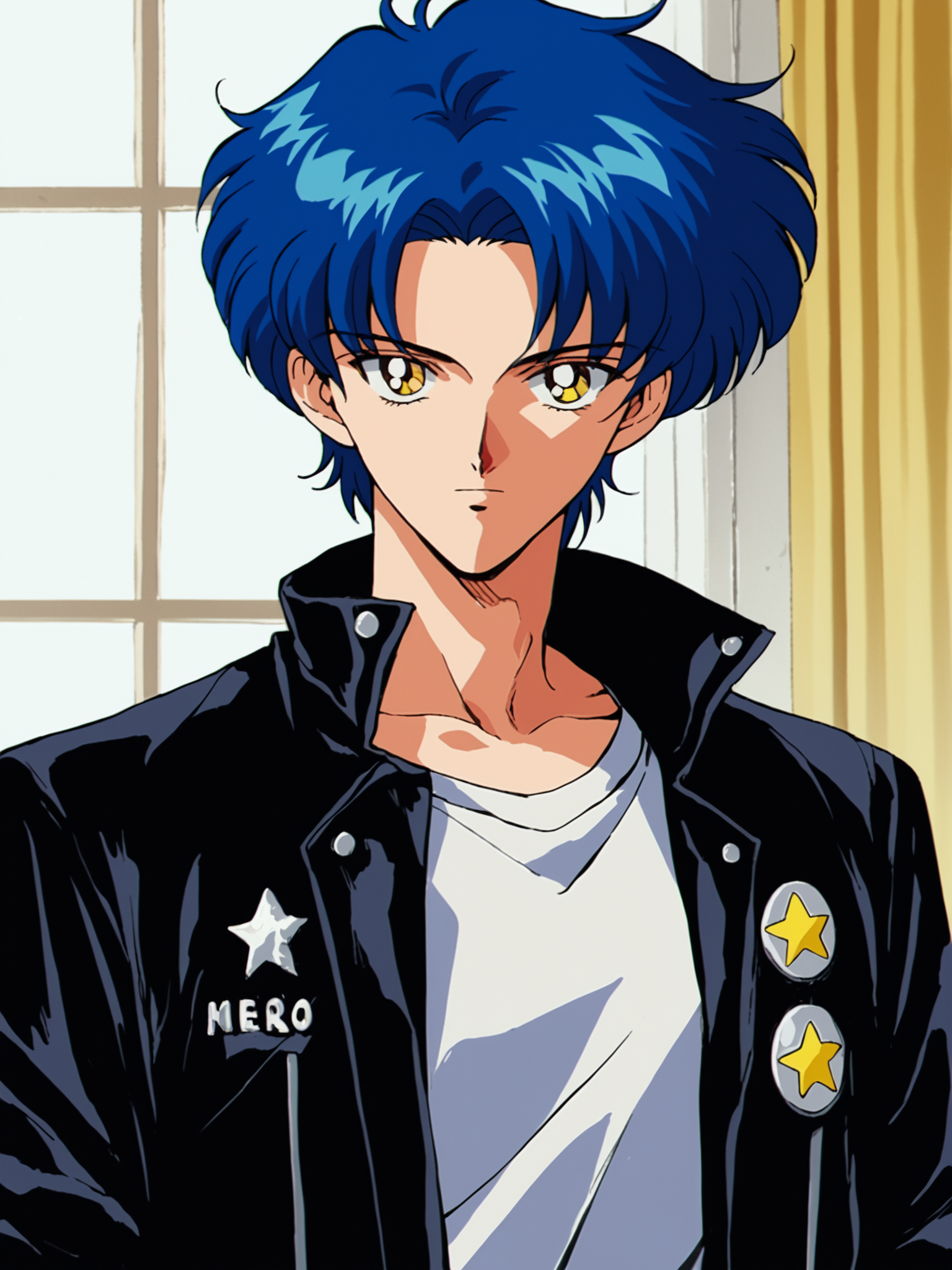 1990s (style), anime coloring, sm90s, 1boy, male focus, solo, yellow eyes, blue hair, short hair, shirt, star (symbol), clothes writing, white shirt, leather, upper body, jacket, black jacket, open jacket, open clothes, looking at viewer, indoors, retro art style, retro anime, BREAK PonyXLV6_Scores , <lora:SM90sPDXL_r1:0.8>