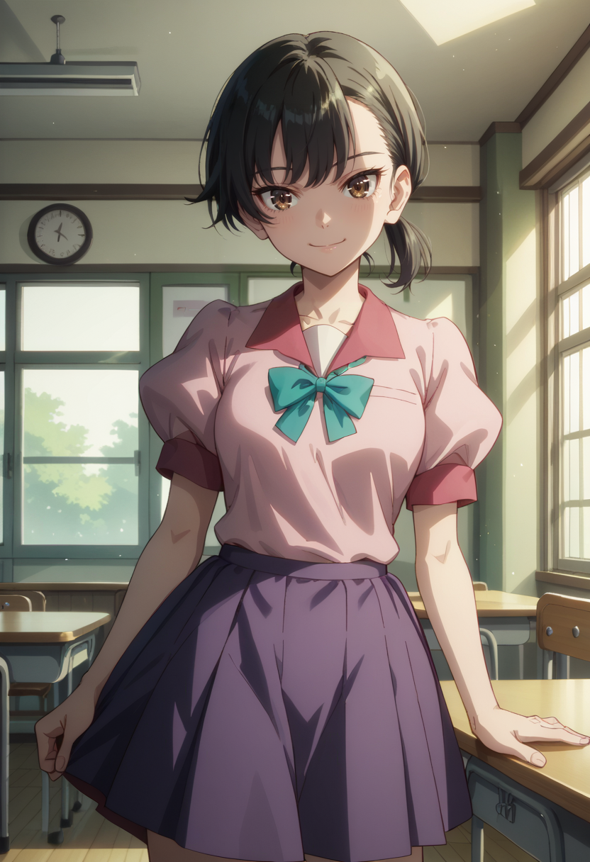 score_9, score_8_up,
1girl, <lora:KieHarimaze_OffSeason_PDXL:0.9>, kieharimaze, brown eyes, black hair, single sidelock, 
naoetsu high school uniform, pink shirt, short sleeves, puffy sleeves, purple skirt,
slight smile,
indoors