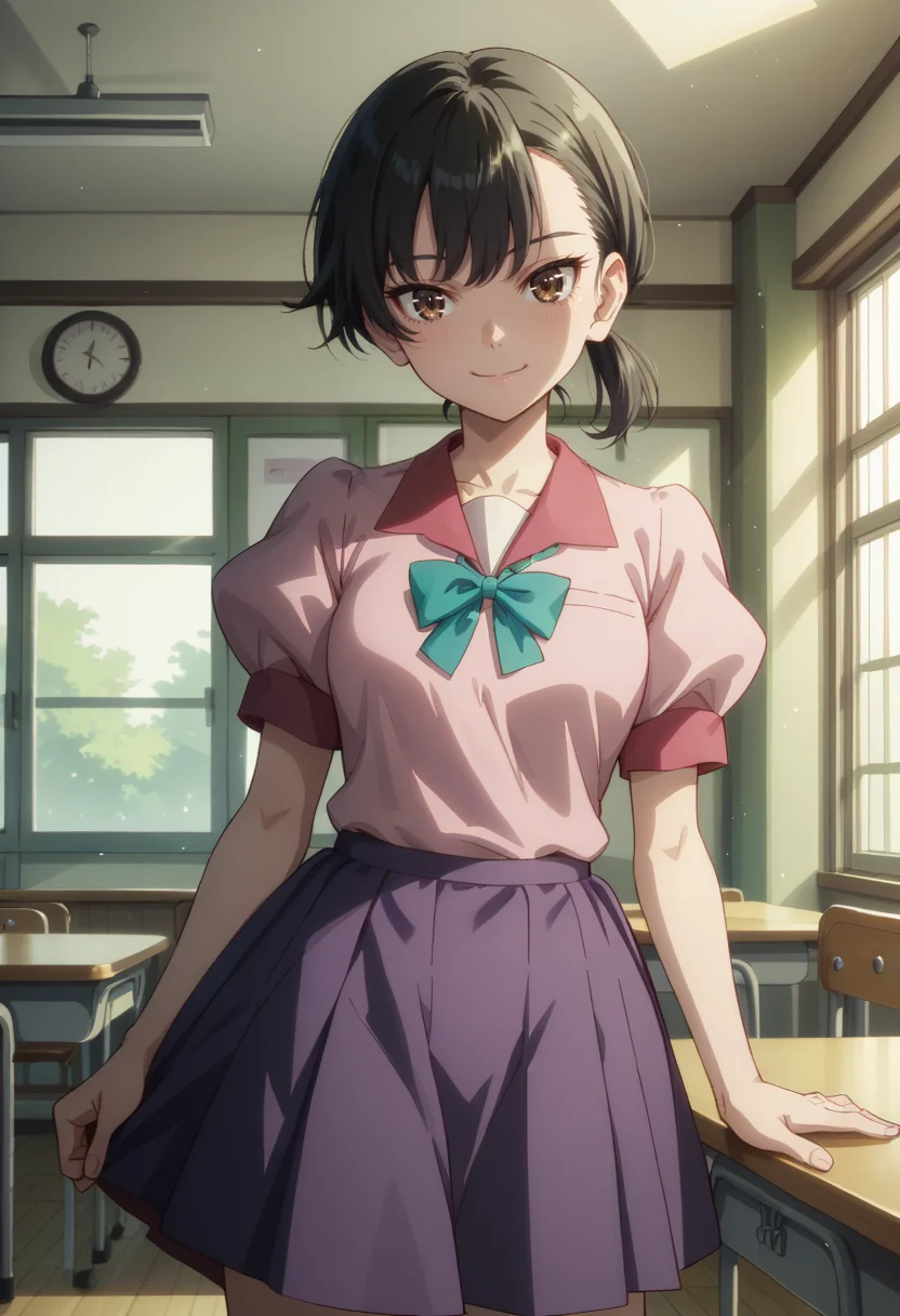 score_9, score_8_up,
1girl, <lora:KieHarimaze_OffSeason_PDXL:0.9>, kieharimaze, brown eyes, black hair, single sidelock,
naoetsu high school uniform, pink shirt, short sleeves, puffy sleeves, purple skirt,
slight smile,
indoors