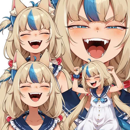 masterpiece, best quality, (magowasabi, khyle.:0.6),

tomlaugh, closed eyes, half-closed eyes, fangs, teeth, smile, laughing, open mouth, tears, v-shaped eyebrows, multiple views, projected inset, arms up, clenched hands,

1girl, blue eyes, blonde hair, blue hair, very long hair, streaked hair, ahoge, blunt bangs, low twintails, one side up, hair ornament, blush, cat ears, animal ear fluff, sailor dress, white dress, blue sailor collar, badge, single wrist scrunchie, blue nails, fish tail,