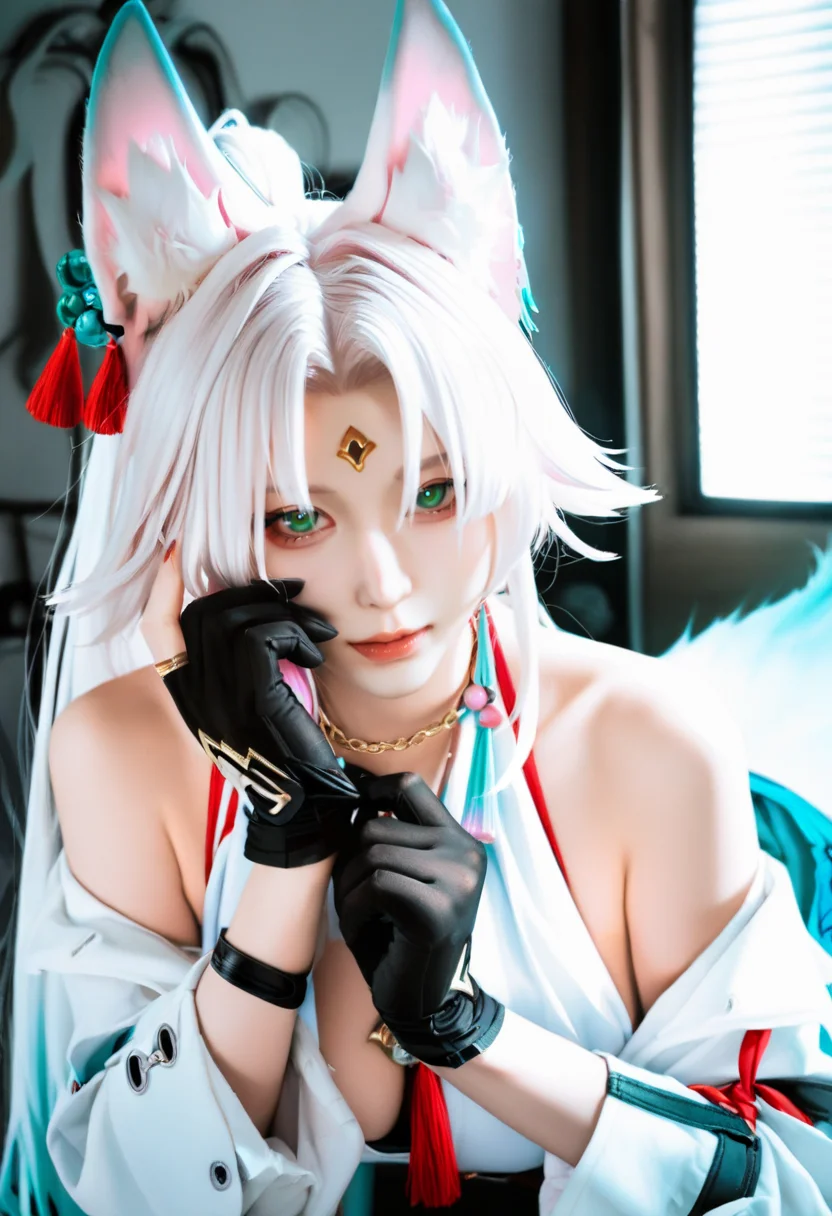 DSLR,film photography,(realistic,photorealistic:1.2),cosplay photo,Polaroid,studio lighting,flash photography,masterpiece, best quality, very aesthetic, absurdres,(miurahha, bacius, ririko \(fhnngririko\):0.4), <lora:star_rail_all:1> 1girl, adjusting gloves, animal ear fluff, bare shoulders, black gloves, feixiao (honkai: star rail), forehead jewel, fox ears, fox girl, green eyes, high ponytail, jewelry, large breasts, looking at viewer, parted bangs, shirt, solo, very long hair, white background, white coat, white hair,<lora:noobReal-V1:0.9>, <lora:spo_sdxl_10ep_4k-data_lora_webui:0.9>, <lora:sdsFILM_v40-sdxl-V1:0.7>