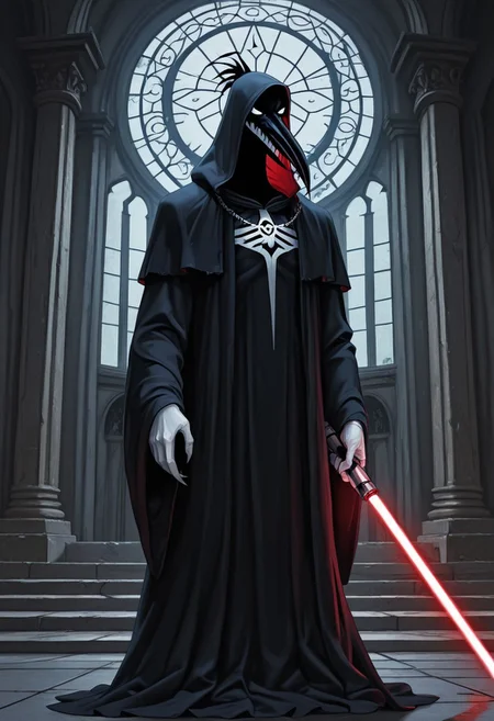Masterpiece, best quality, highly detailed, absurdres, 1boy, (solo:1.2), cartoon, ch1ken, chicken, long beak, Black Sith lord robe, Hood, holding lightsaber, thick lightsaber, Sith temple background, detailed background, A3THER,