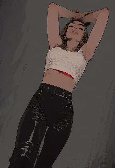 score_9, score_8_up, score_7_up, sinozick style , flat color, erotic theme , full body shot, bright colors, source_comic, pinup girl pose, Expressive, shiny black leather pants, white tank top, red bra, posing for erotic photoshoot, dynamic sexy pose,
BREAK
dramatic angle, unique perspective, unique angle,