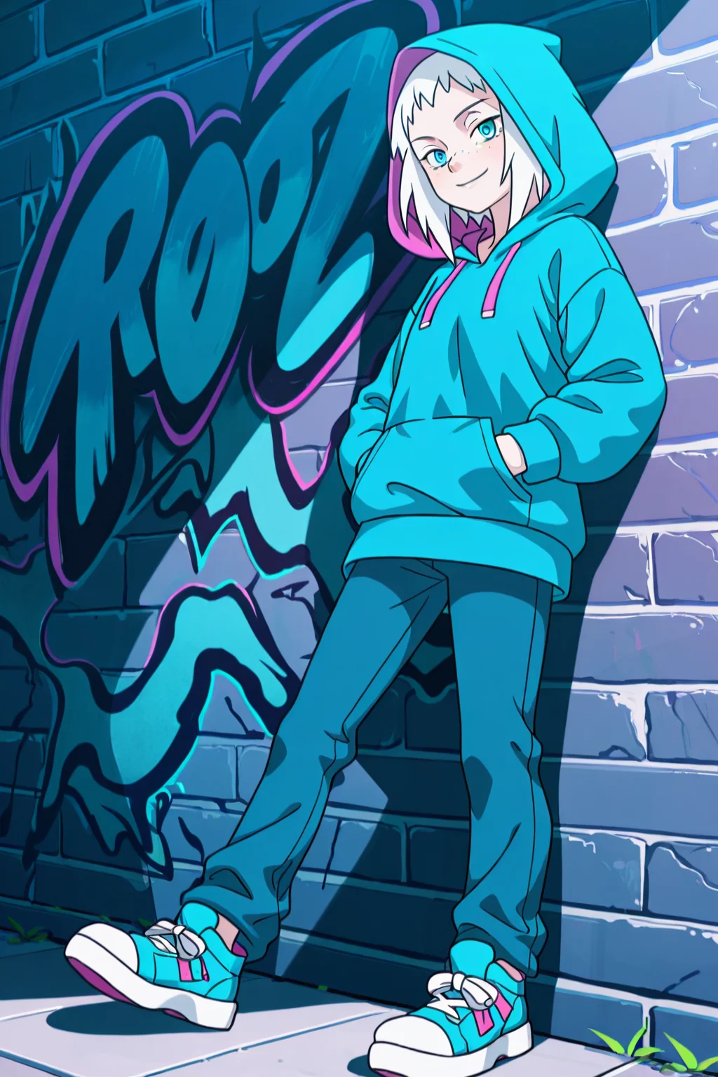<lora:noobai_vpred_1_masterpieces_v23:1> 1girl,,smile, hands in pocket, cool pose, brick wall, graffiti on the walls,against the wall,
<lora:roxie_2_pe:0.8>
Roxi5,
blue eyes,pale skin, freckles,
white hair, hood up,
hoodie, hoodie_details blue and pink, hoodie
pants, shoes,
, masterpiece, high quality, absurdres, best quality, very aesthetic, newest,