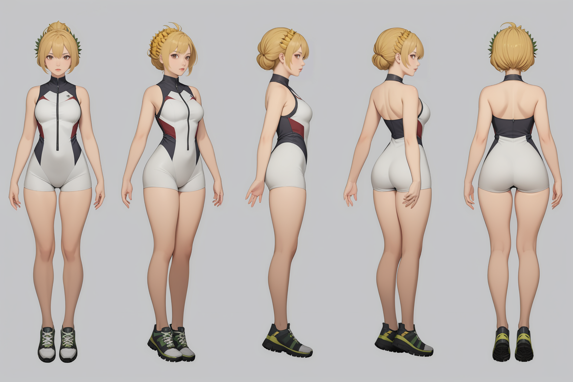 (GENERAL:0), 1girl, masterpiece, best quality, very aesthetic, absurdres, solo, standing,
(VIEWS:0),  full body character turnaround of 1girl,
Multiple views of the same character in the same outfit,  simple background, white background, multiple views, side view, back view, front view,
(hairLength:0), long hair, 
(hairTexture:0), spiky hair,
(hairstyles:0), Pineapple updo hairstyle,
(haircolor:0), blonde hair,
(bodyshape:0), Rectangle or straight body type body,
(ethnic origin:0), Welsh,
(skin color:0), Olive Skin,
(eye color:0), brown eyes,
(clothing:0), sporty one-piece with a zip-front closure and contrasting side panels for a dynamic effect,, 
(character ref:0), Ada Wong From Resident Evil,
(art style:0), by dxt91
(theme:0), sci-fi  
theme character design,
<lora:ClothTurnXLRemix_v1-000004:.5>
 <lora:ClothTurnXL_v1-000004:0.38> 
<lora:CharTurnXL_v2:0.25>
 <lora:xl_more_art-full_v1:.25>,
 <lora:Alphonse Mucha Style:.1>, Alphonse Mucha Style page
 <lora:å½é£æç»SDXL:.1>