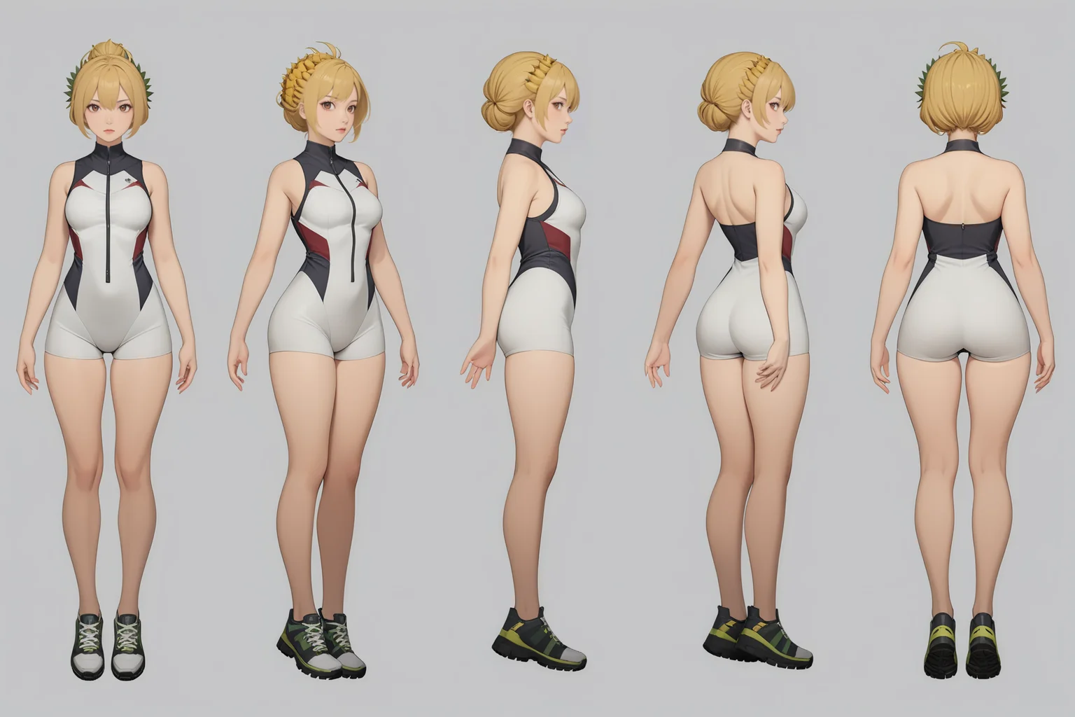 (GENERAL:0), 1girl, masterpiece, best quality, very aesthetic, absurdres, solo, standing,
(VIEWS:0), full body character turnaround of 1girl,
Multiple views of the same character in the same outfit, simple background, white background, multiple views, side view, back view, front view,
(hairLength:0), long hair,
(hairTexture:0), spiky hair,
(hairstyles:0), Pineapple updo hairstyle,
(haircolor:0), blonde hair,
(bodyshape:0), Rectangle or straight body type body,
(ethnic origin:0), Welsh,
(skin color:0), Olive Skin,
(eye color:0), brown eyes,
(clothing:0), sporty one-piece with a zip-front closure and contrasting side panels for a dynamic effect,,
(character ref:0), Ada Wong From Resident Evil,
(art style:0), by dxt91
(theme:0), sci-fi
theme character design,
<lora:ClothTurnXLRemix_v1-000004:.5>
<lora:ClothTurnXL_v1-000004:0.38>
<lora:CharTurnXL_v2:0.25>
<lora:xl_more_art-full_v1:.25>,
<lora:Alphonse Mucha Style:.1>, Alphonse Mucha Style page
<lora:å½é£æç»SDXL:.1>