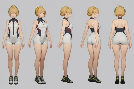 (GENERAL:0), 1girl, masterpiece, best quality, very aesthetic, absurdres, solo, standing,
(VIEWS:0), full body character turnaround of 1girl,
Multiple views of the same character in the same outfit, simple background, white background, multiple views, side view, back view, front view,
(hairLength:0), long hair,
(hairTexture:0), spiky hair,
(hairstyles:0), Pineapple updo hairstyle,
(haircolor:0), blonde hair,
(bodyshape:0), Rectangle or straight body type body,
(ethnic origin:0), Welsh,
(skin color:0), Olive Skin,
(eye color:0), brown eyes,
(clothing:0), sporty one-piece with a zip-front closure and contrasting side panels for a dynamic effect,,
(character ref:0), Ada Wong From Resident Evil,
(art style:0), by dxt91
(theme:0), sci-fi
theme character design,
<lora:ClothTurnXLRemix_v1-000004:.5>
<lora:ClothTurnXL_v1-000004:0.38>
<lora:CharTurnXL_v2:0.25>
<lora:xl_more_art-full_v1:.25>,
<lora:Alphonse Mucha Style:.1>, Alphonse Mucha Style page
<lora:å½é£æç»SDXL:.1>