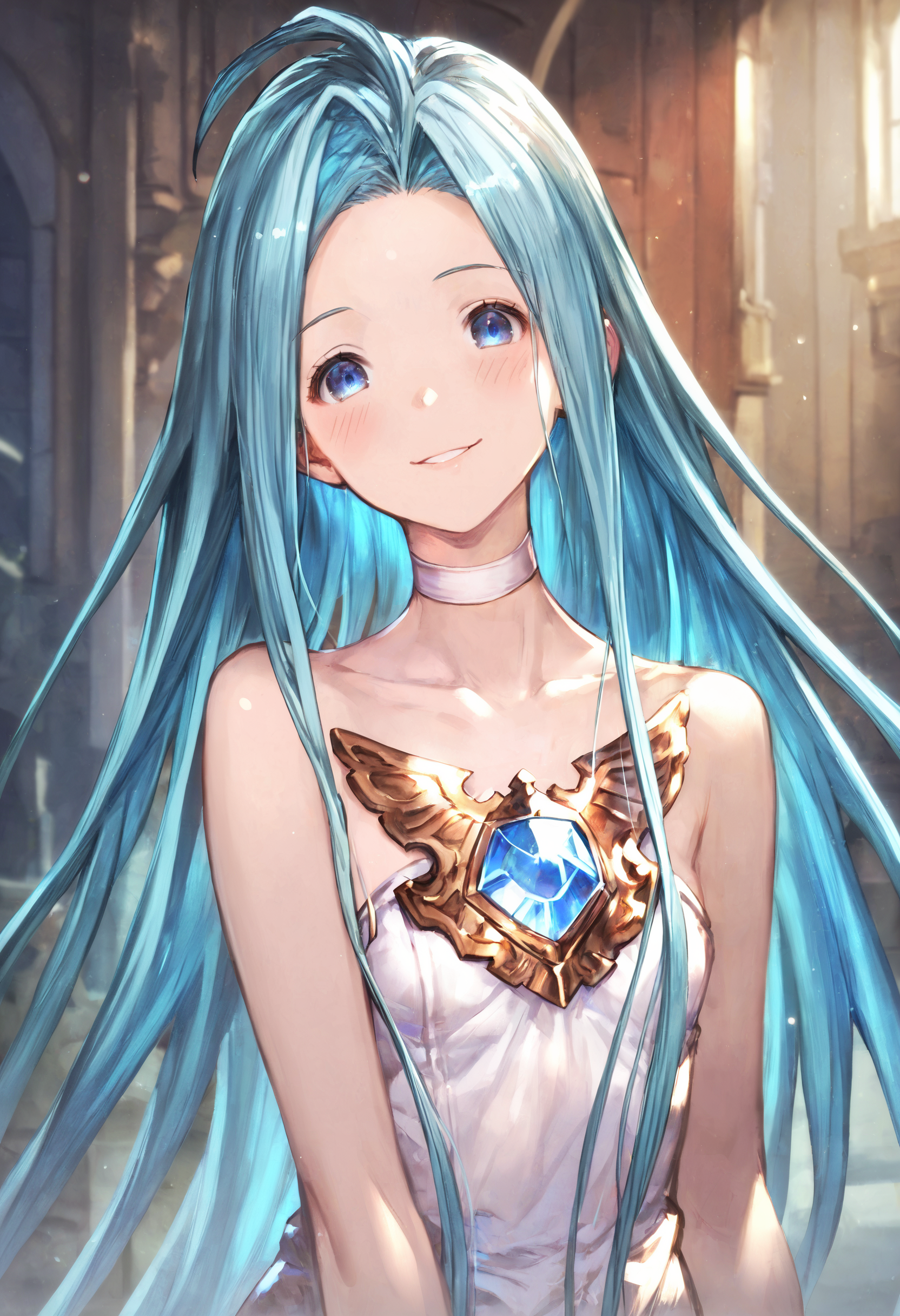 score_9, score_8_up, score_7_up,score_6_up, source_anime, best quality, aesthetic, absurdres,
1girl, solo, smile, blush, (clear eyes:1.2), looking at viewer,
Lyria (Granblue Fantasy), very long hair, blue hair, (body_slim, skinny:1.1), white choker, blue gem, white cami-dress, bare shoulders, strapless,  miniskirt,
(clear eyes:1.1), <lora:Lyria-Pony:0.8> <lora:IshikePony:0.3>