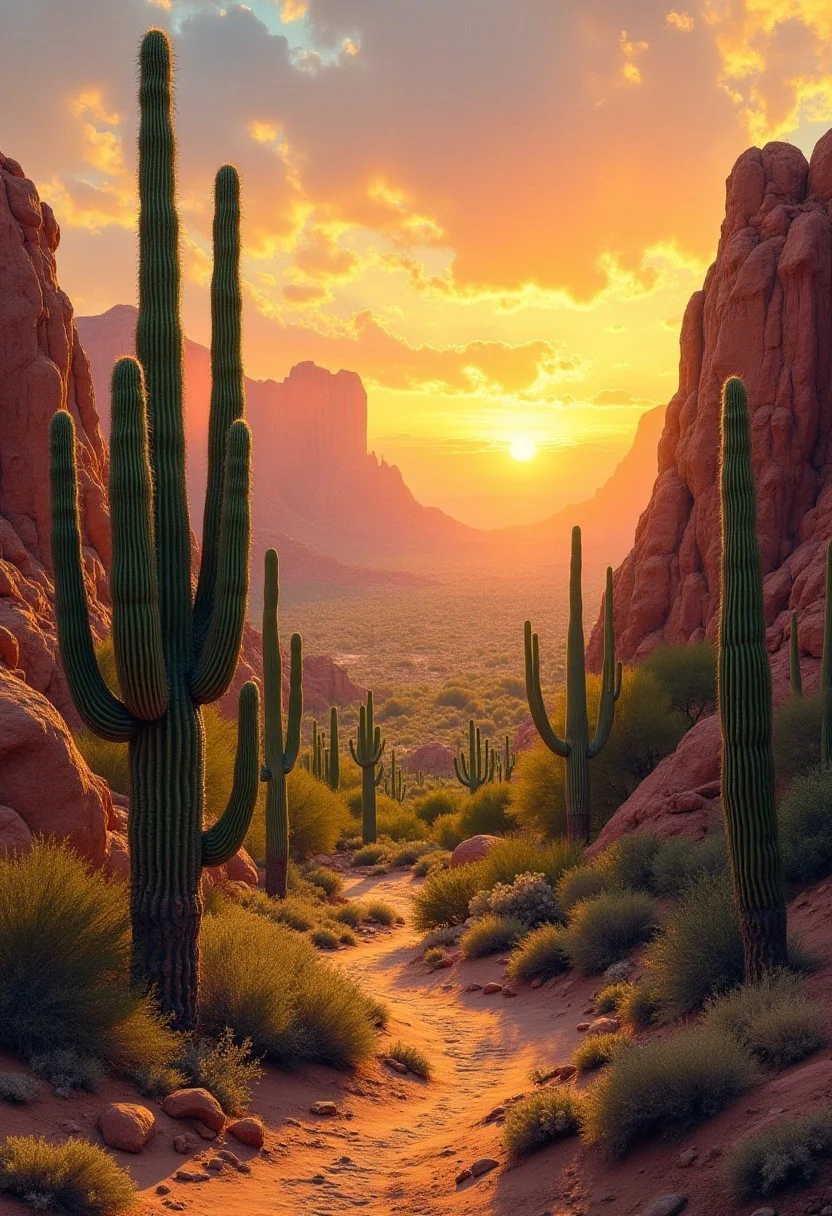 "Rocky Desert with Cacti and Setting Sun"
Painters: Pedro Campos (vivid cactus textures), Gerhard Richter (precise rock formations), Dan Witz (sunlight creating shadow play).
Description: A vast desert filled with towering cacti and unique rock formations, basked in a sunset glow. Each cactus spine and stone texture is hyper-realistic, with rich, warm light bathing the landscape.
