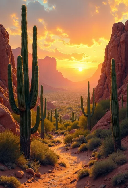 "Rocky Desert with Cacti and Setting Sun"
Painters: Pedro Campos (vivid cactus textures), Gerhard Richter (precise rock formations), Dan Witz (sunlight creating shadow play).
Description: A vast desert filled with towering cacti and unique rock formations, basked in a sunset glow. Each cactus spine and stone texture is hyper-realistic, with rich, warm light bathing the landscape.
