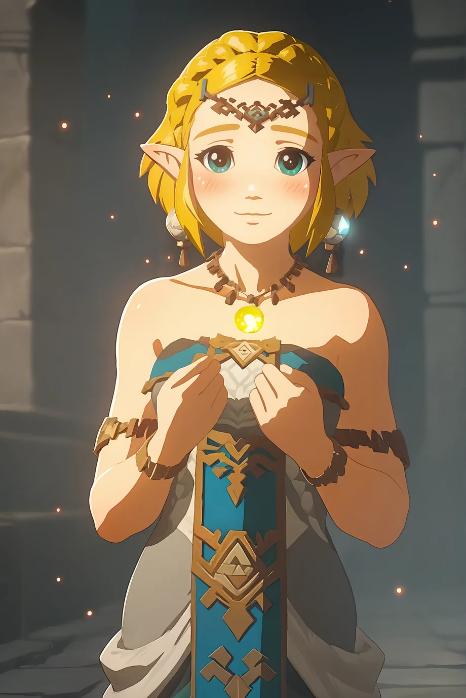 score_9, score_8_up, score_7_up, score_6_up, score_5_up, score_4_up, BREAK source_anime, 1girl, solo,
<lora:ZeldaXL-v2-07:1.0>, ChopioZelda, blonde hair, aqua eyes, pointy ears, looking at viewer, 
medium breasts, 
short hair, crown braid, sidelocks,
outfit_3, circlet, grey dress, strapless dress, earrings, necklace, gem, yellow gem, bare shoulders, armlet, bracelet,
ruins, dark, night, smile, shy, blush, (glowing gem:0.8), light particles,