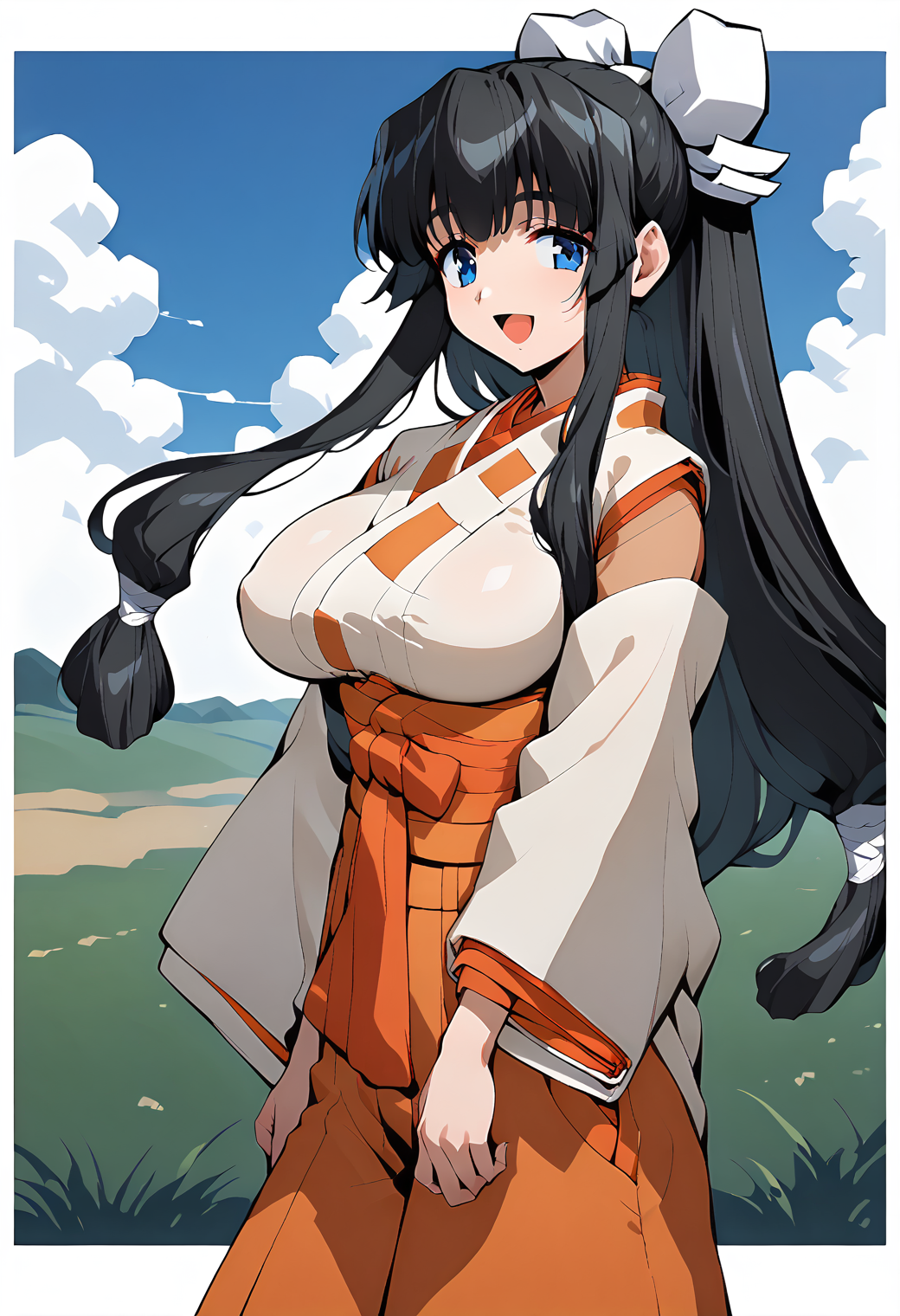 1girl, solo, (field:1.2), (sky:1.2), cowboy shot, smile, open mouth, large breasts, 
yamagami_shino, blue eyes, black hair, long hair, sidelocks, hair ribbon, kimono, miko, japanese clothes, wide sleeves, red hakama, <lora:yamagami_shino_pony_ver1:0.8>, score_9, score_8_up, score_7_up, source_anime, best quality, uncensored,