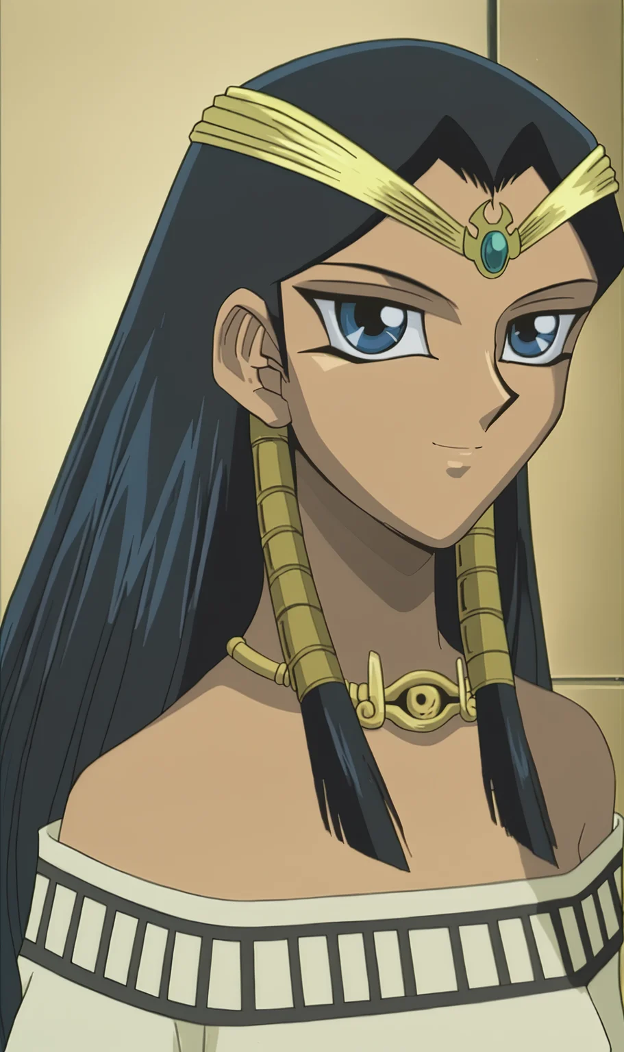 II, 1girl, solo, retro artstyle, black hair, blue eyes, hair tubes, off shoulder robe, eye of horus necklace, circlet, portrait, looking at viewer, from side, smile, <lora:Ishizu Ishtar Pony XL:1>