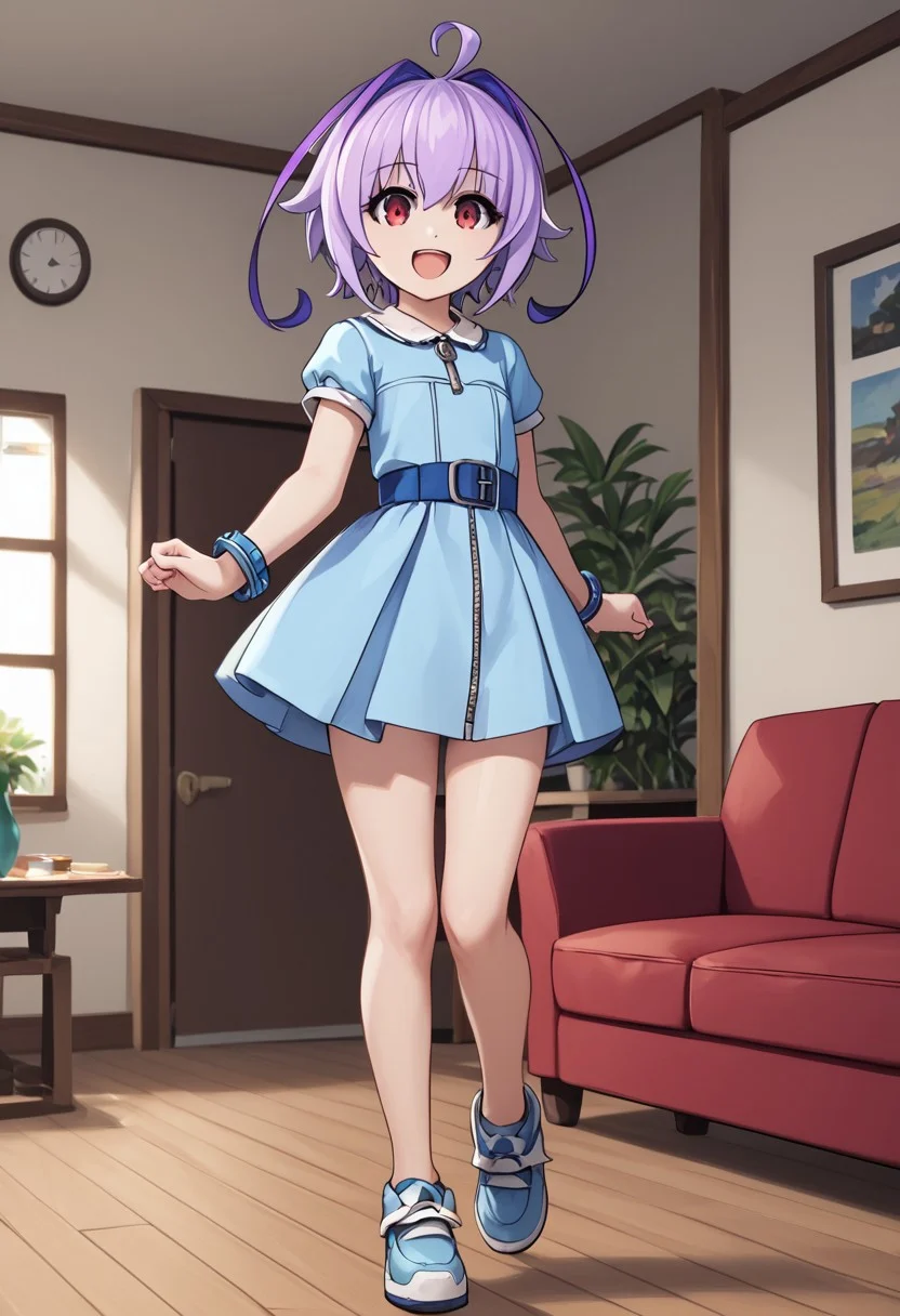 score_4,score_5,score_6,score_7_up,score_8_up,score_9
((masterpiece,best quality,ultra detailed,highres,HD,4k:1.2)),
1 girl,solo,girl forcus,upper body,
Purple hair,side locks,ahoge,multicolored hair,short hair, red eyes, short sleeves, blue dress, zipper, bracelet, thighs, bare legs,shoes,
smile,open mouth,happy,room,living room,