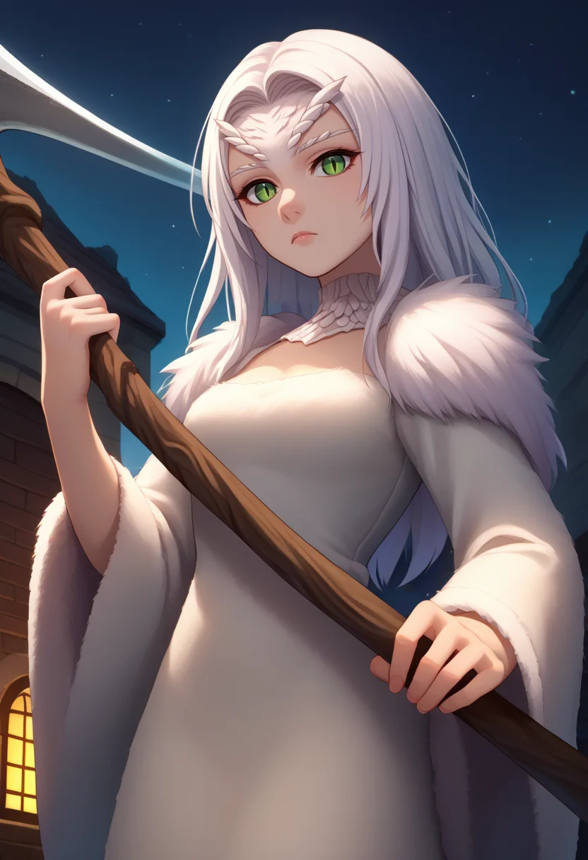 score_9, score_8_up, score_7_up, source_anime, scythe, solo, 1girl, crossbreedpriscilla, dragon girl, white fur, expressionless, looking at viewer, holding scythe, holding weapon, holding, standing, green eyes, slit pupils, fur trim, white dress, long sleeves, tail, night, outdoors <lora:darksouls_crossbreedpriscilla_ponyXL:0.9> <lora:UBW_XLPD:1.1>