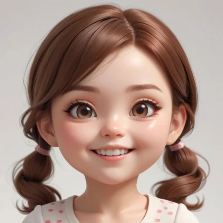 Portrait of a ruddy girl, flushed cheeks, chibi, super deformed, 20yo, smiling, doll-like, Photorealistic simple volumetric light background, ColorART, CGI,