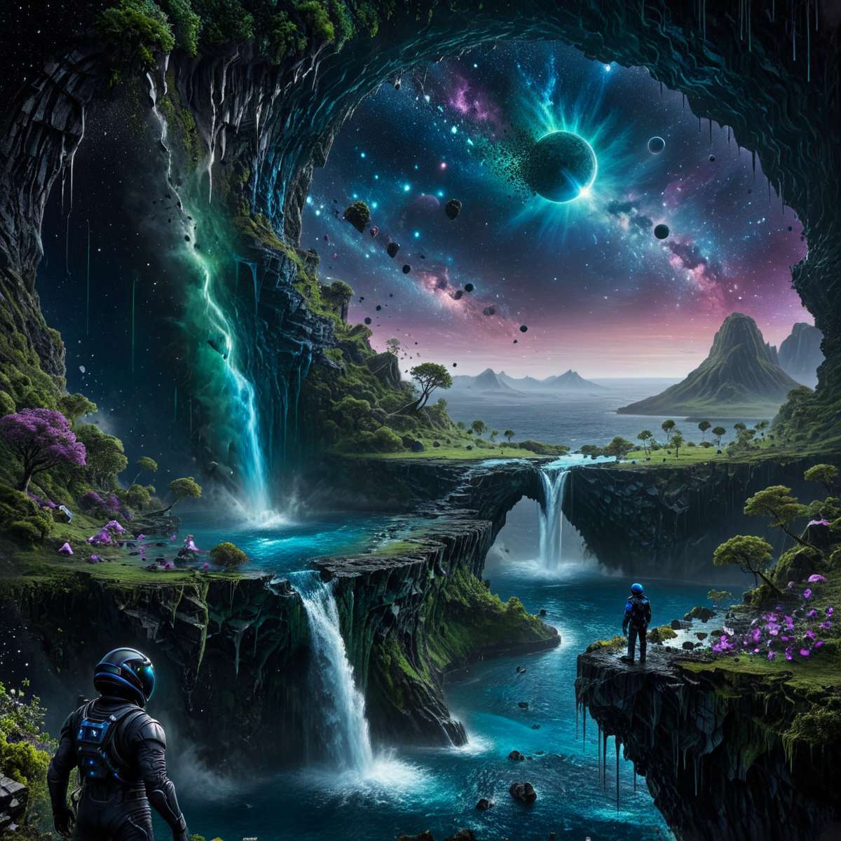 vast surreal narrow mountain pass with waterfalls, shattered pieces of green and purple planet being sucked in to black hole visible in far off night sky, vibrant blue water, back of  small man in futuristic black space suit looking up towards sky in to the distance, realistic, floating islands with trees and waterfalls   <lora:(SDXL) xl_more_art-full_v1:0.5>  <lora:(SDXL) ral-dissolve-sdxl:1> ral-dissolve <lora:add-detail-xl:1>