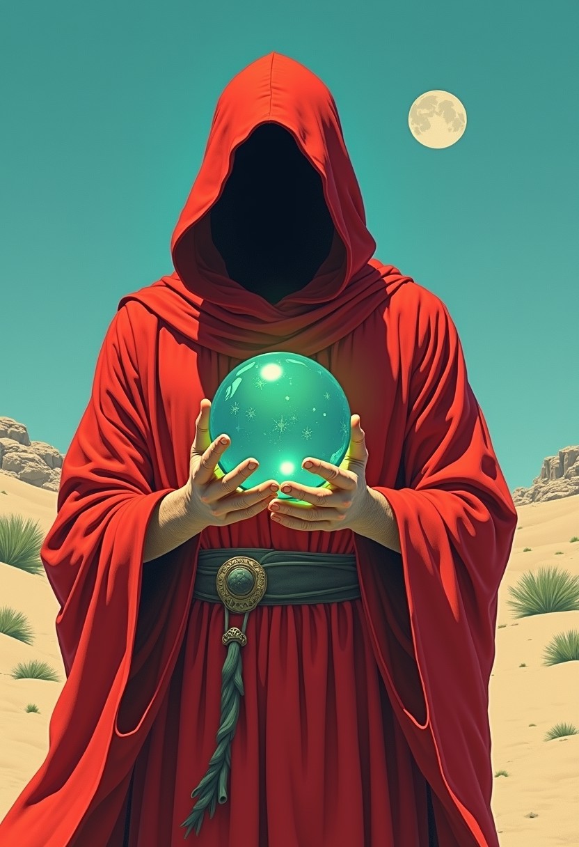 1970's dungeons and dragons dark fantasy artstyle of a person wearing a red robe with a hood covering their head. The person is standing in a desert-like landscape with a clear blue sky in the background. They are holding a crystal ball in their hands, which appears to be a representation of a planet or a celestial object. The crystal ball is round and has a greenish-blue color, with a white circle in the top right corner. The overall mood of the image is mystical and mystical
