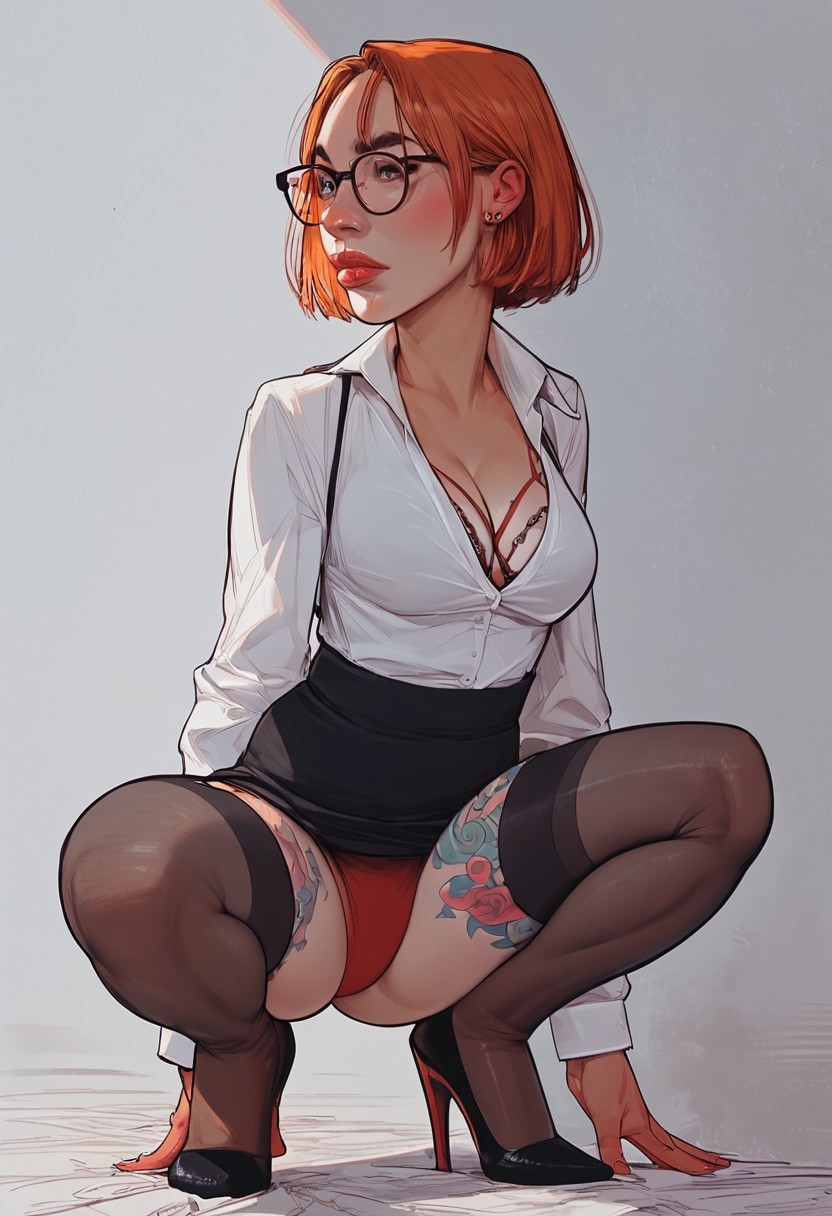 safe_pos, score_9, score_8_up, score_7_up, score_6_up, score_9, score_8_up, score_7_up, score_6_up, masterpiece, business_outfit, 1GIRL, SOLO,  business_outfit, from behind, crouching, GLASSES, THIGHHIGHS, SKIRT, BREASTS, HIGH HEELS, , GARTER STRAPS, UNDERWEAR, CLEAVAGE, TATTOO, SHIRT, LEG TATTOO, SHORT HAIR, LACE-TRIMMED LEGWEAR, BRA, WHITE SHIRT,
