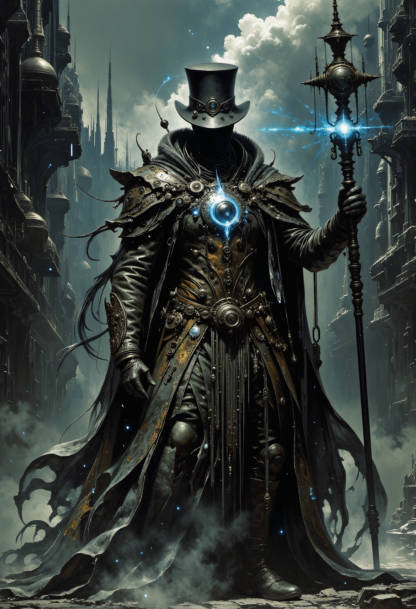 A mysterious figure emerges from a dense industrial fog, dressed in worn steampunk gear. His glowing mechanical eyes peer from beneath a black top hat decorated with gears and cogs. His long, tattered coat shimmers with brass and copper details, and he wields a steam-powered staff, radiating an eerie blue glow. Soot-streaked boots tread over cobblestone streets as dark tendrils of shadow coil around him. Towering factories with smoke-belching chimneys loom in the background, setting a dark, dystopian mood. The character exudes a powerful, enigmatic presence. hknature <lora:flux_sparklycism.safetensors:0.5>,  <lora:artisketchyfs-v02.safetensors:0.75>,  <lora:Elden_Ring_-_Yoshitaka_Amano.safetensors:1.0>,  <lora:dark_fantasy_flux.safetensors:0.5>,  <lora:The_Dark_Side_Of_The_Future.safetensors:0.33>,