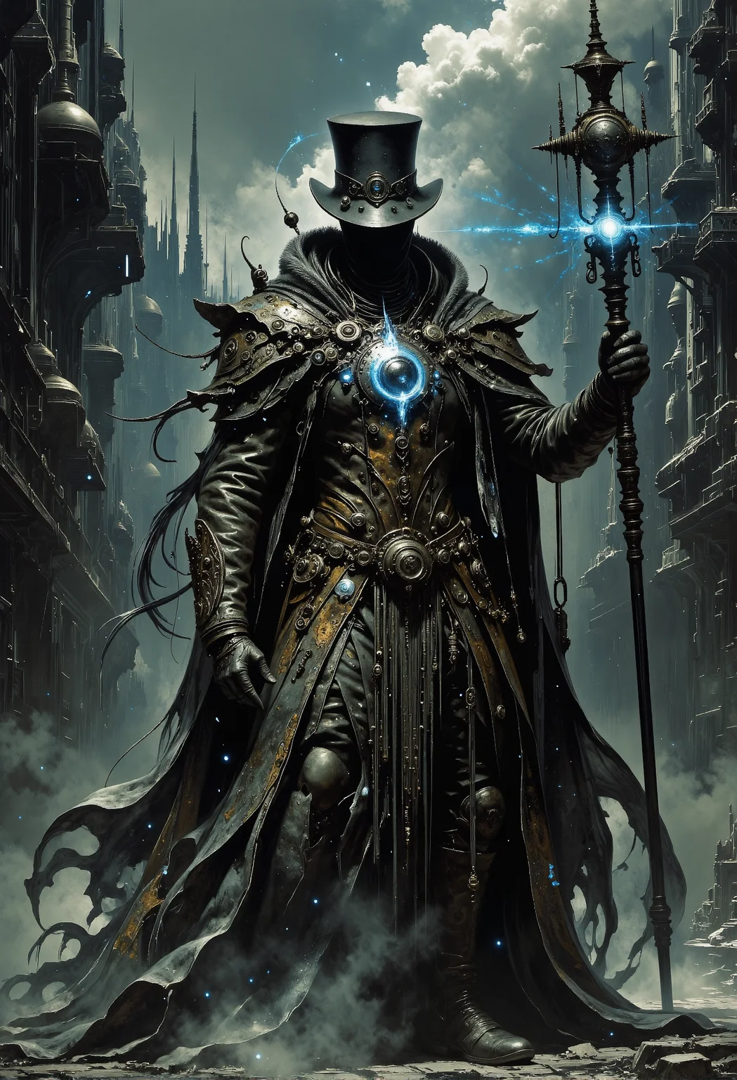 A mysterious figure emerges from a dense industrial fog, dressed in worn steampunk gear. His glowing mechanical eyes peer from beneath a black top hat decorated with gears and cogs. His long, tattered coat shimmers with brass and copper details, and he wields a steam-powered staff, radiating an eerie blue glow. Soot-streaked boots tread over cobblestone streets as dark tendrils of shadow coil around him. Towering factories with smoke-belching chimneys loom in the background, setting a dark, dystopian mood. The character exudes a powerful, enigmatic presence. hknature <lora:flux_sparklycism.safetensors:0.5>, <lora:artisketchyfs-v02.safetensors:0.75>, <lora:Elden_Ring_-_Yoshitaka_Amano.safetensors:1.0>, <lora:dark_fantasy_flux.safetensors:0.5>, <lora:The_Dark_Side_Of_The_Future.safetensors:0.33>,