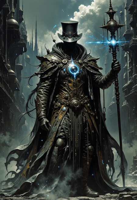 A mysterious figure emerges from a dense industrial fog, dressed in worn steampunk gear. His glowing mechanical eyes peer from beneath a black top hat decorated with gears and cogs. His long, tattered coat shimmers with brass and copper details, and he wields a steam-powered staff, radiating an eerie blue glow. Soot-streaked boots tread over cobblestone streets as dark tendrils of shadow coil around him. Towering factories with smoke-belching chimneys loom in the background, setting a dark, dystopian mood. The character exudes a powerful, enigmatic presence. hknature <lora:flux_sparklycism.safetensors:0.5>, <lora:artisketchyfs-v02.safetensors:0.75>, <lora:Elden_Ring_-_Yoshitaka_Amano.safetensors:1.0>, <lora:dark_fantasy_flux.safetensors:0.5>, <lora:The_Dark_Side_Of_The_Future.safetensors:0.33>,