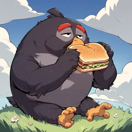bomb_bird, score_9, score_8_up, score_7_up, score_6_up, score_5_up, score_4_up, source_furry, hi res, sfw. 2D artwork
black avian, black plumage, large size, spherical body, grey belly, chubby, beak, head tuft, red eyebrows, short beak, large beak, feathered hands, winged arms, stubby legs, small eyes
Eating, eating a sandwich, holding an object, holding food, eating, relaxed expression, sitting.
Grass, blue sky, clouds.