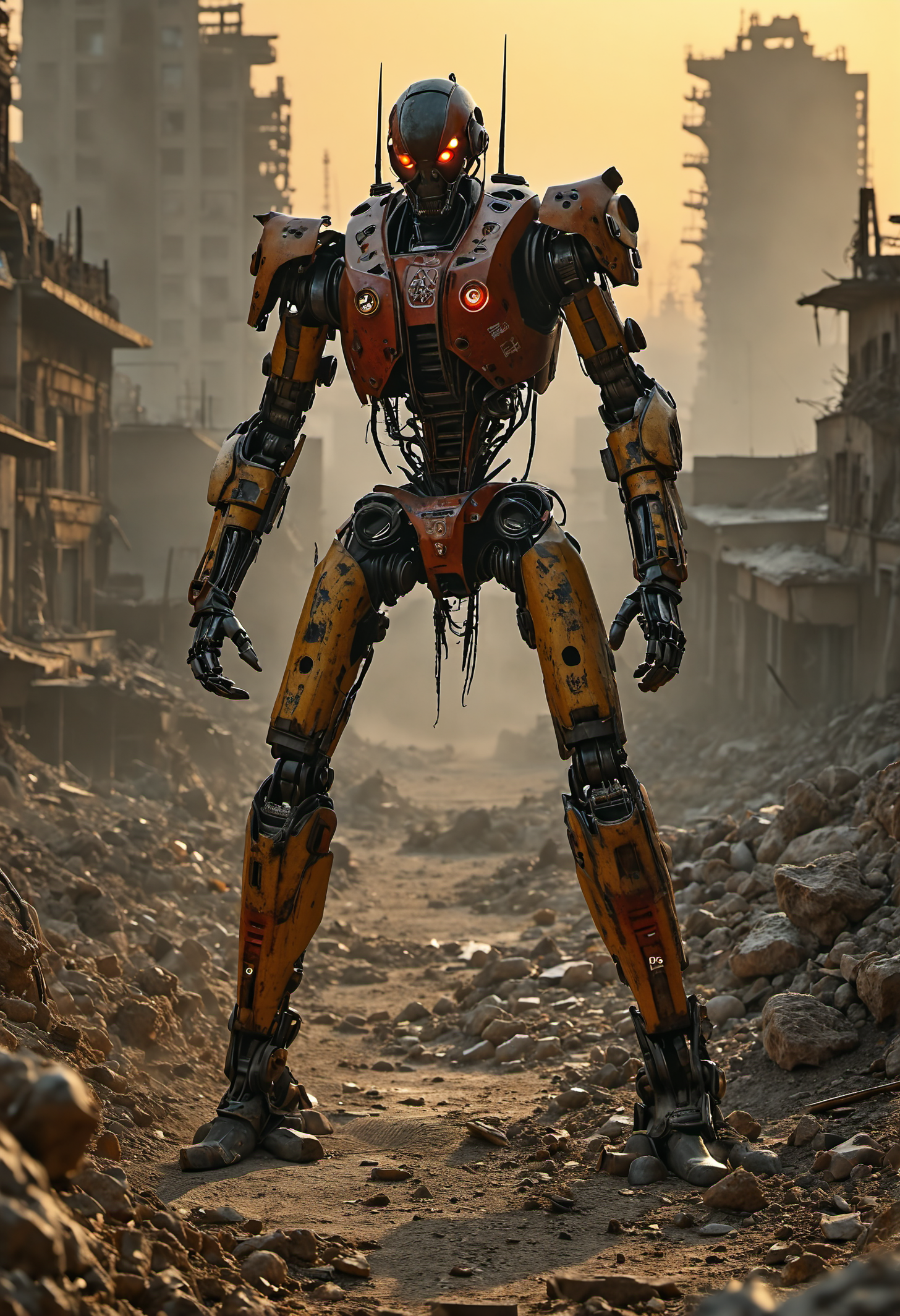 ,photorealistic imagery,
mech-arachnid-man-warrior, standing tall with 8 large mechanical tendrils ending in sharp claws extended from his back, each one grasping a different object such as abandoned machinery, debris, or scraps of metal, 8 arms flexed and posed in a powerful stance, red and black armor plating covering most of his body, yellow glowing accents on his eyes and joints, white smoke billowing from the wasteland below, Martian dust devils swirling around his feet, cliff edge crumbling away beneath him, overlooking a desolate futuristic cityscape with ruins of skyscrapers, twisted metal beams, and charred buildings, orange-red sunset glow casting long shadows across the barren landscape, atmospheric haze of toxic pollutants hanging low over the ravaged terrain, warm golden light illuminating the mech's metallic surface, high contrast between bright highlights and deep shadows, gritty texture and worn edges giving a sense of aged, battle-worn machinery, dramatic perspective emphasizing the vastness of the desolate waste