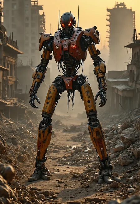 ,photorealistic imagery,
mech-arachnid-man-warrior, standing tall with 8 large mechanical tendrils ending in sharp claws extended from his back, each one grasping a different object such as abandoned machinery, debris, or scraps of metal, 8 arms flexed and posed in a powerful stance, red and black armor plating covering most of his body, yellow glowing accents on his eyes and joints, white smoke billowing from the wasteland below, Martian dust devils swirling around his feet, cliff edge crumbling away beneath him, overlooking a desolate futuristic cityscape with ruins of skyscrapers, twisted metal beams, and charred buildings, orange-red sunset glow casting long shadows across the barren landscape, atmospheric haze of toxic pollutants hanging low over the ravaged terrain, warm golden light illuminating the mech's metallic surface, high contrast between bright highlights and deep shadows, gritty texture and worn edges giving a sense of aged, battle-worn machinery, dramatic perspective emphasizing the vastness of the desolate waste