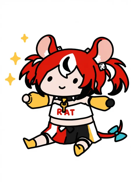 masterpiece, best quality, 1girl, solo, B4elzDef, multicolored hair, red hair, white hair, black hair, uneven twintails, dice hair ornament, animal ears, tail, tail ornament, spiked collar, key necklace, strapless shirt, white shirt, clothes writing, detached sleeves, asymmetrical sleeves, two-tone sleeve, yellow sleeve, single glove, black glove, midriff, multicolored skirt, thigh strap, sitting, on floor, smile, dot eyes, sparkles, spread arms, chibi, meme, thick lines, simple background, white background, <lora:style_walfie_illustriousXL-GLoRA:1>, <lora:ChamHakosBaelzNoob:1>