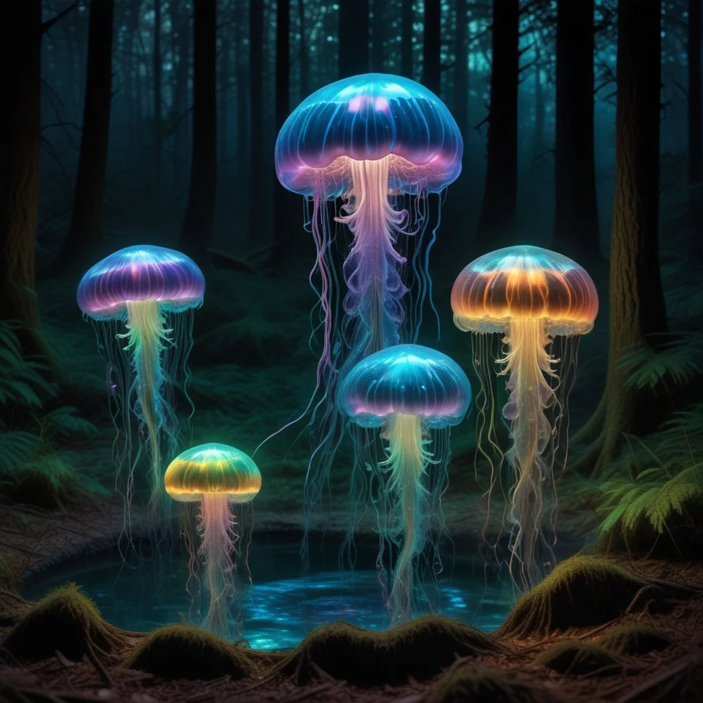 holographic translucent biolumiscent jellyfish on forest ground,alcohol ink and fluid thick oil,hyperrealistic,perfect mixed styles with amazing depth,iridescent complementary colors,dramatic flickering back light,surreal hypercreative masterwork by head of prompt engineering