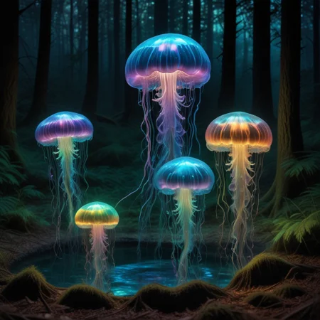 holographic translucent biolumiscent jellyfish on forest ground,alcohol ink and fluid thick oil,hyperrealistic,perfect mixed styles with amazing depth,iridescent complementary colors,dramatic flickering back light,surreal hypercreative masterwork by head of prompt engineering
