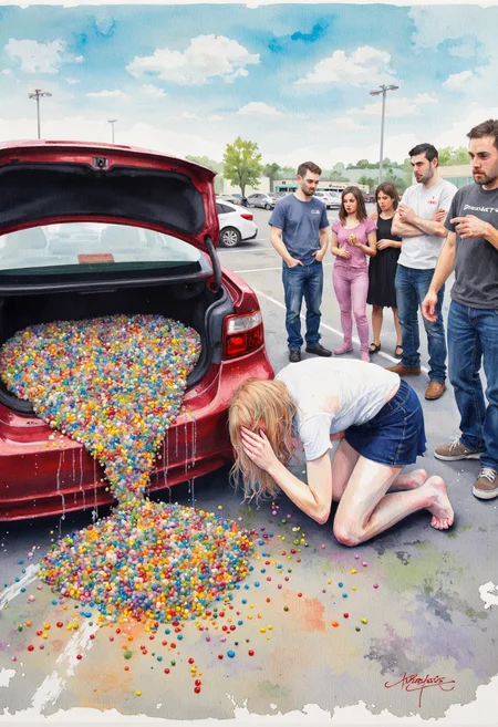 Watercolor painting of Young woman on her knees with her face buried in her hands next to an open trunk of a car extremely embarrassed, the trunk is completely full overflowing with M&Ms, the M&Ms are flowing out of the trunk and spilled on to the ground, parking lot of a strip mall background, a group of onlookers standing pointing at the woman and gasping in disbelief