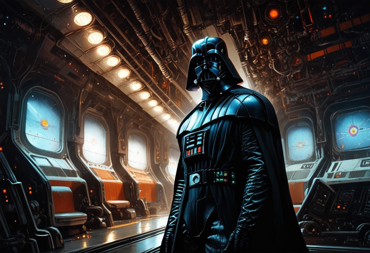 score_9, score_8_up, score_7_up, vader, dystopian, sci-fi, space ship interior, volumetric lighting, standing in corridor, , hands behind back, looking at viewer